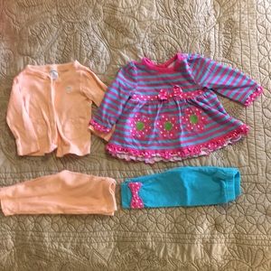 Pink & teal flower top and set + peach loungewear set 9M